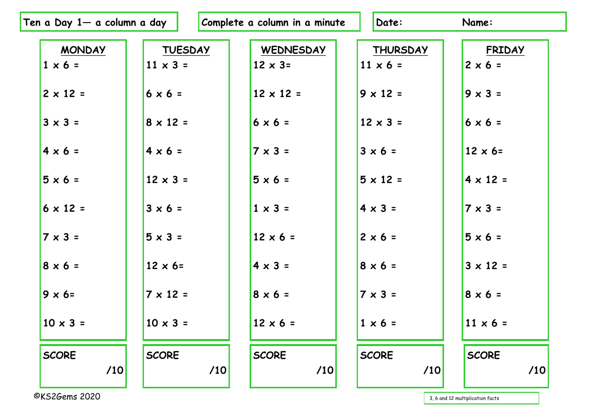 Ten a Day 3, 6 and 12 Times Table