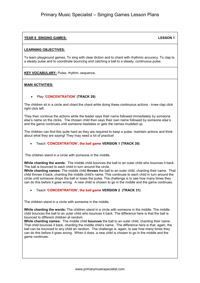 Singing Games Lesson Plan - Year 6 Lesson 1