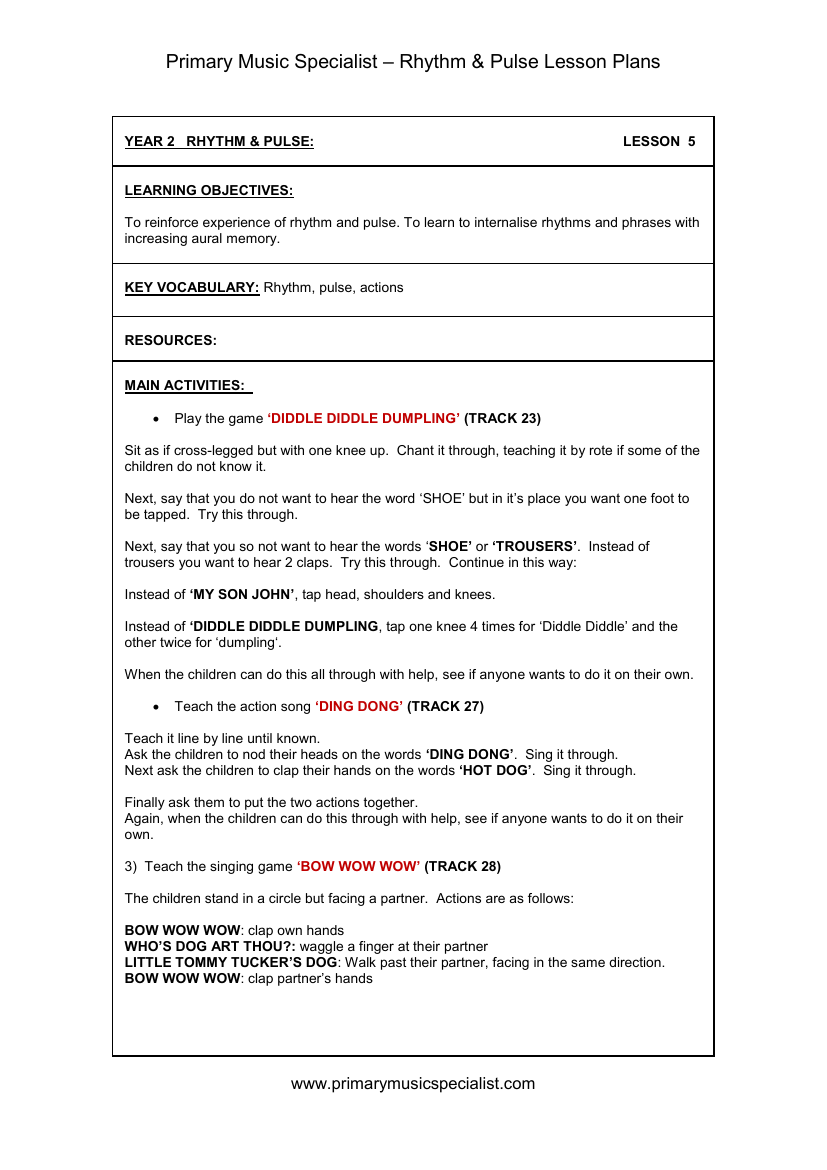 Rhythm and Pulse Lesson Plan - Year 2 Lesson 5