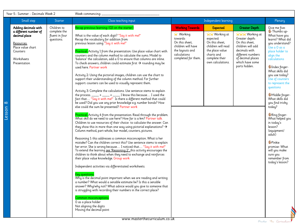 Decimals - Add Decimals with Different Decimal Places - Planning