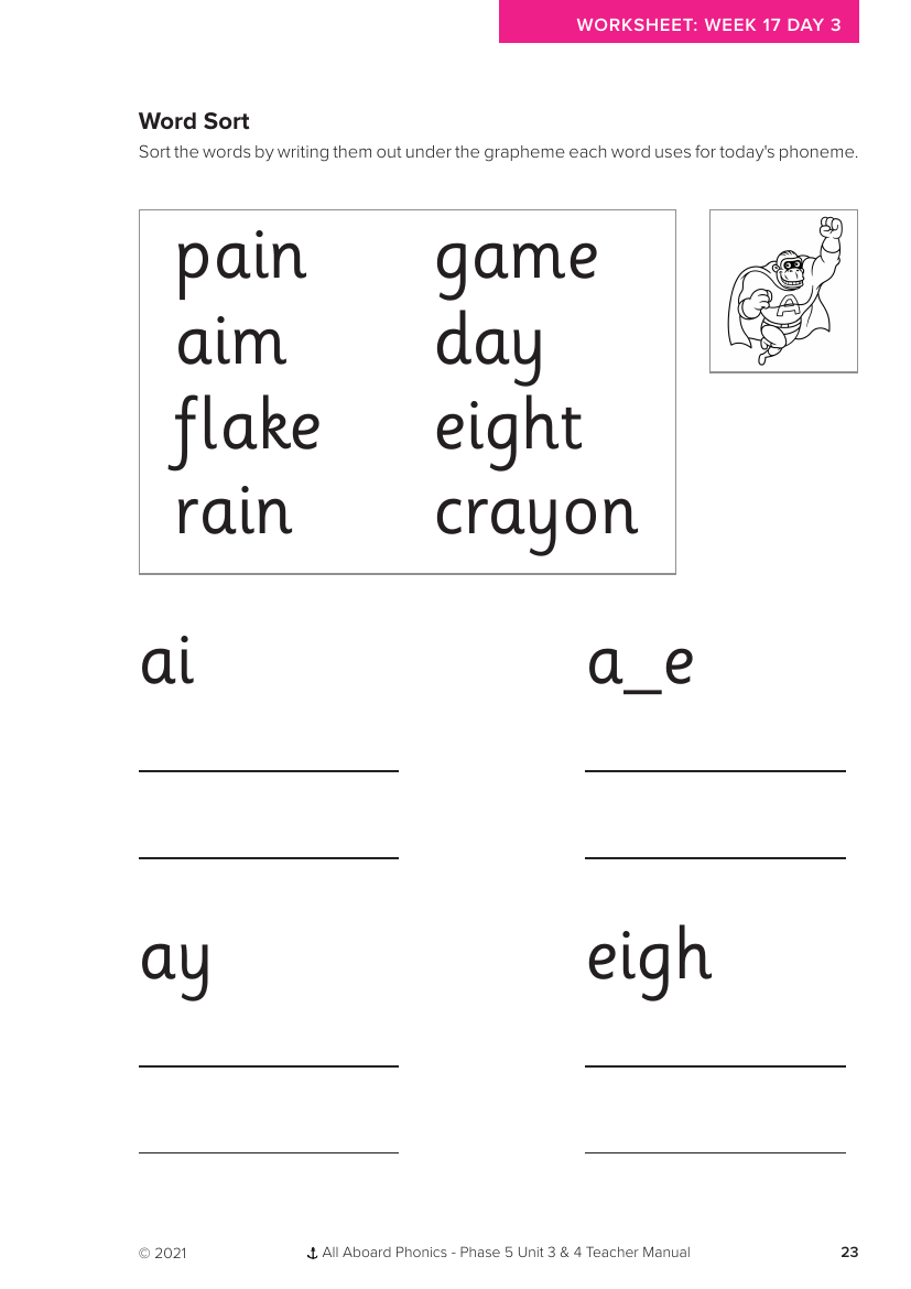 Week 17, lesson 3 Word Sort activity- Phonics Phase 5, unit 3  - Worksheet