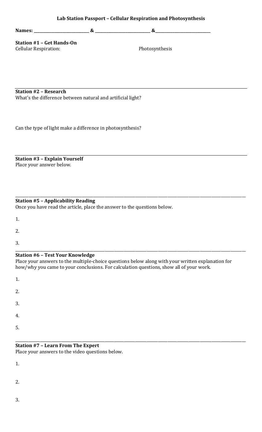 Cellular Respiration Photosynthesis - Lab Station Passport