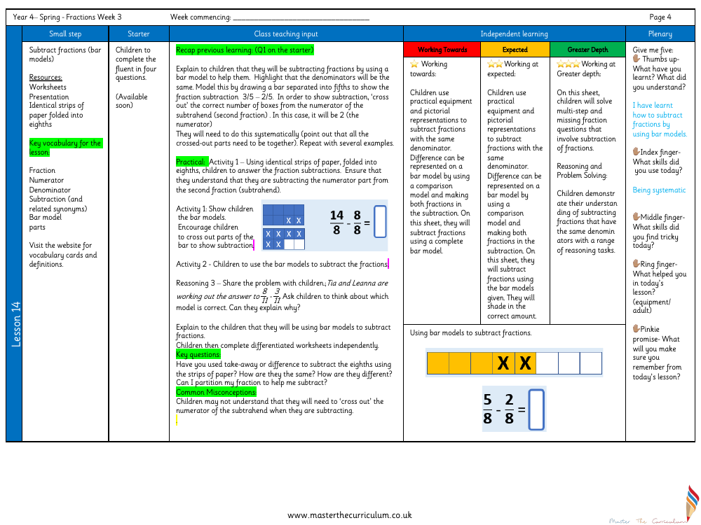 Fractions - Subtract 2 Fractions- Planning