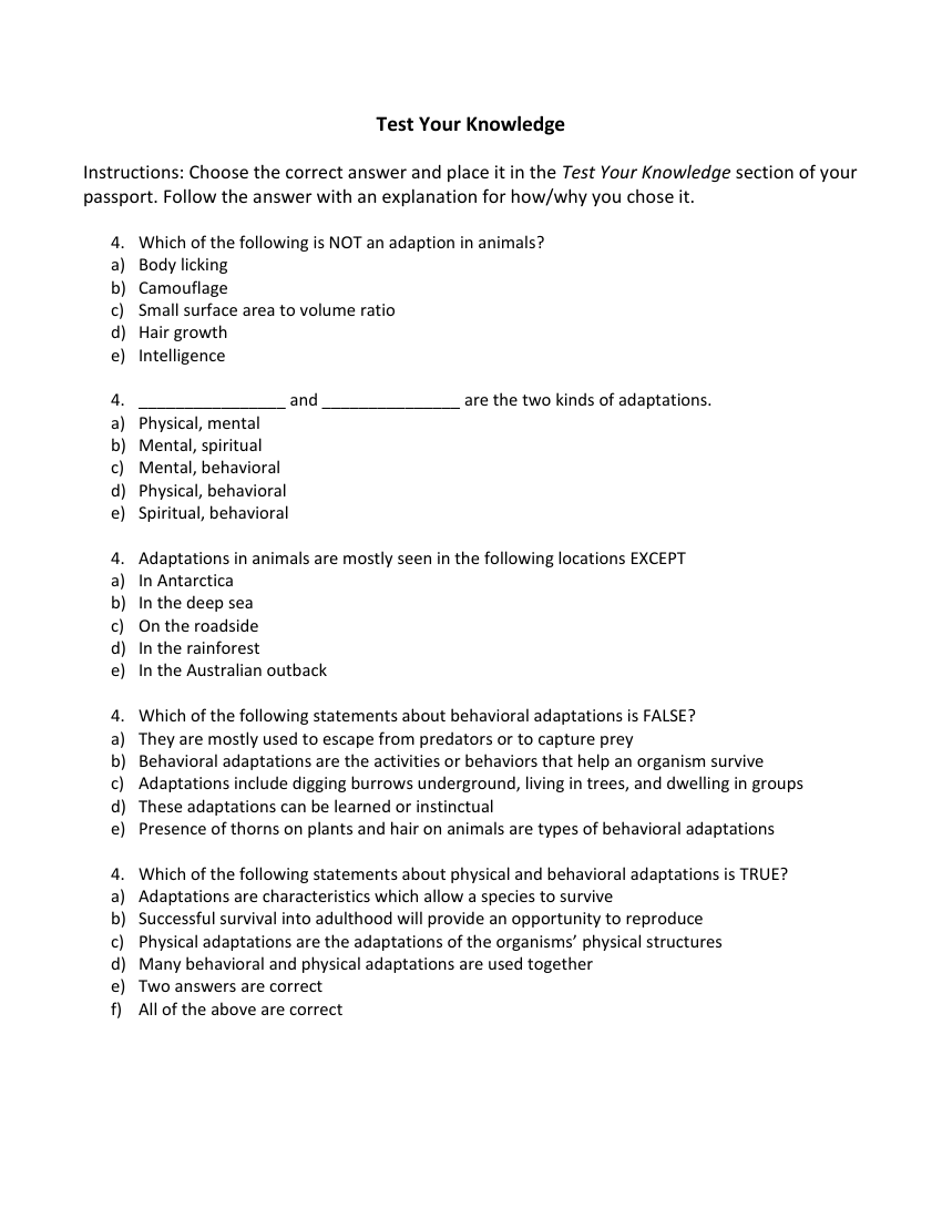 Physical and Behavioral Adaptations - Test your Knowledge