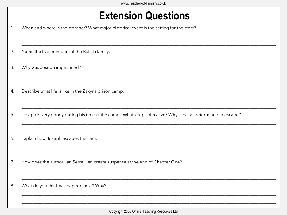 The Silver Sword - Lesson 1 - Extension Questions Worksheet