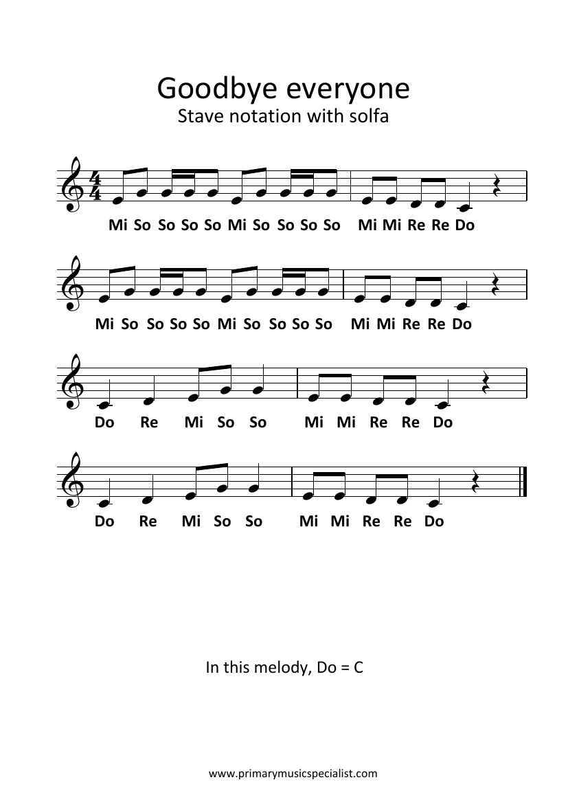 Pitch Year 6 - Goodbye everyone stave notation solfa