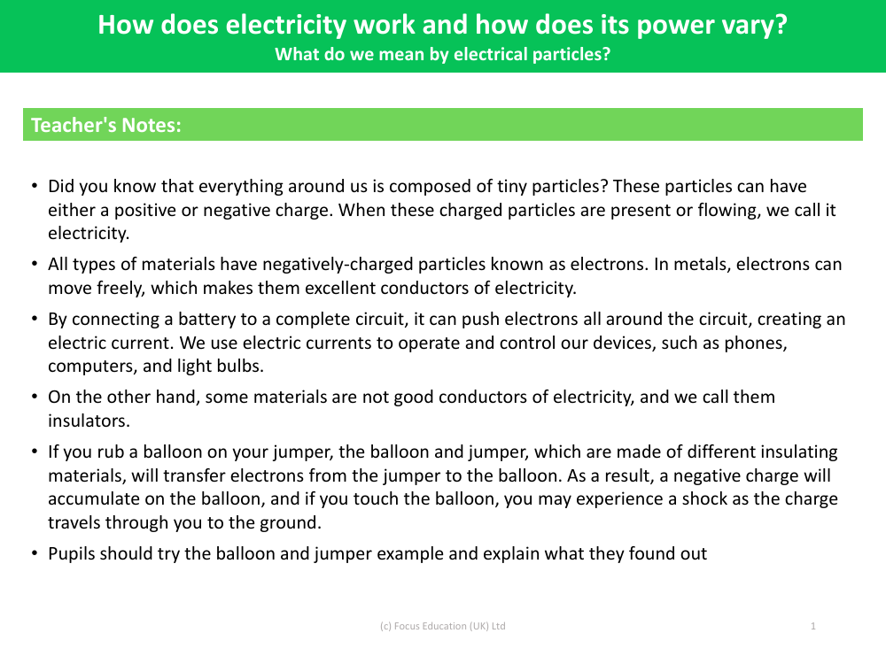 What do we mean by electrical particles? - Teacher's Notes