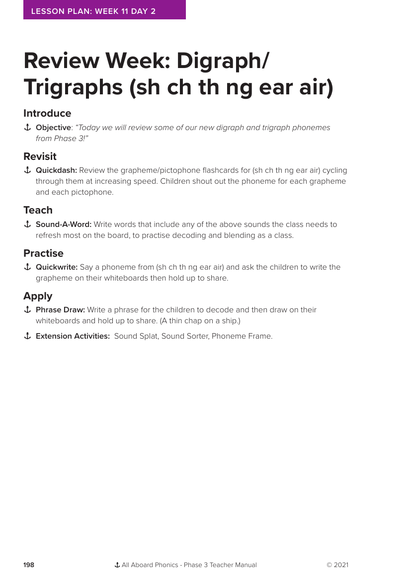 Week 11, lesson 2 Review Week: Digraphs/Trigraphs -  Phonics Phase 3 - Lesson plan