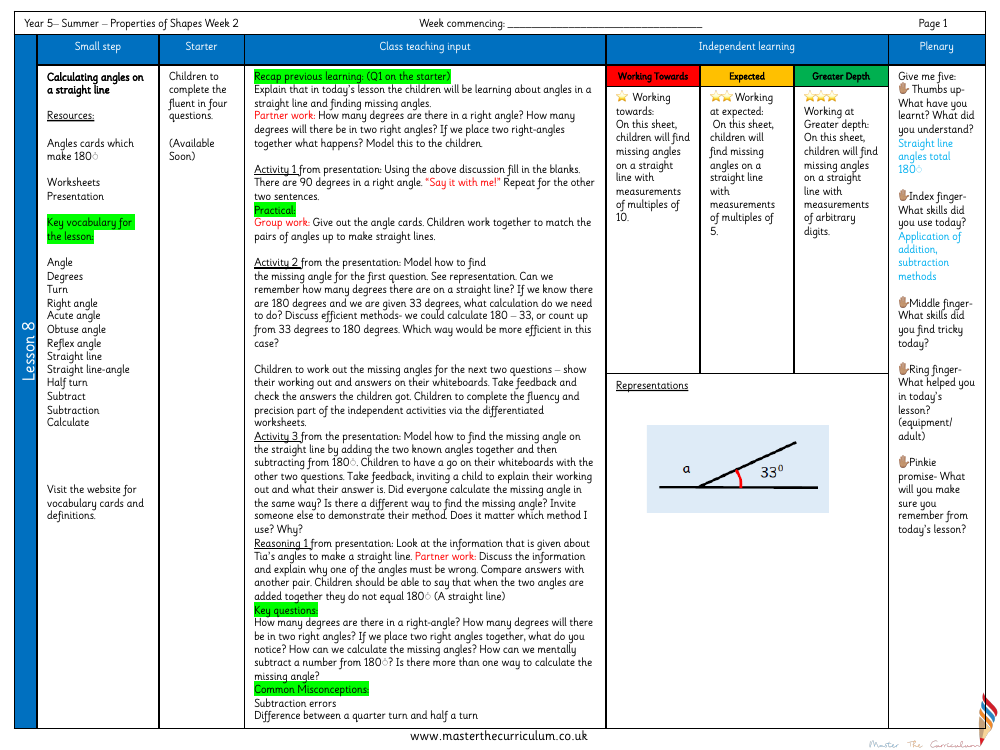 Properties of Shape - Calculate Angles on a Straight Line - Planning