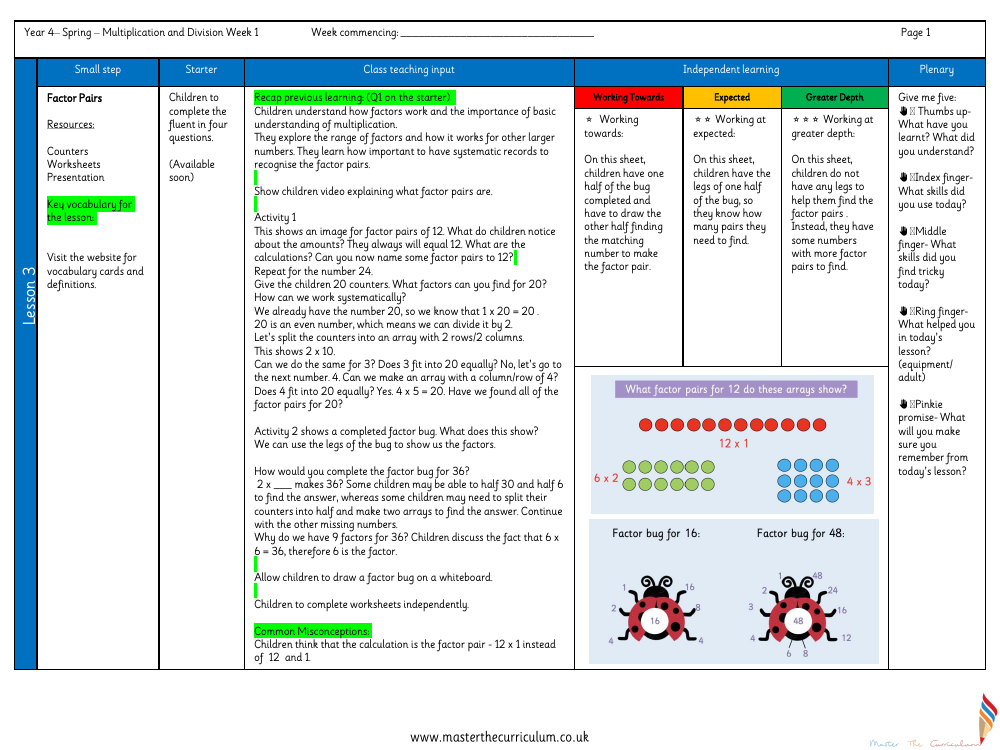 Multiplication and Division - Factor Pairs - Planning