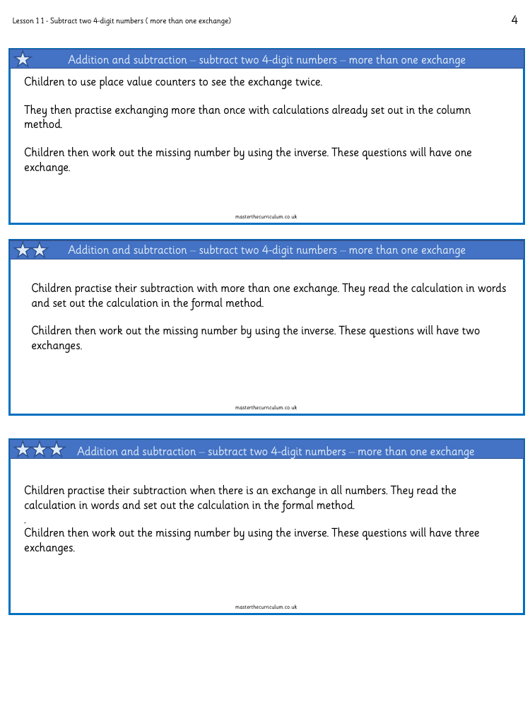 Addition and Subtraction - Subtract four digit numbers (more than one exchange) - Worksheet