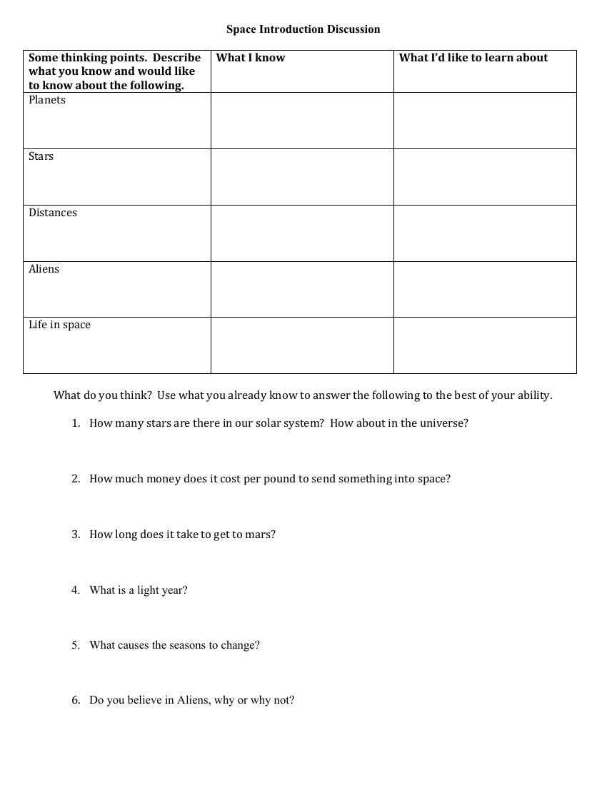 Space Introduction - Discussion Worksheet