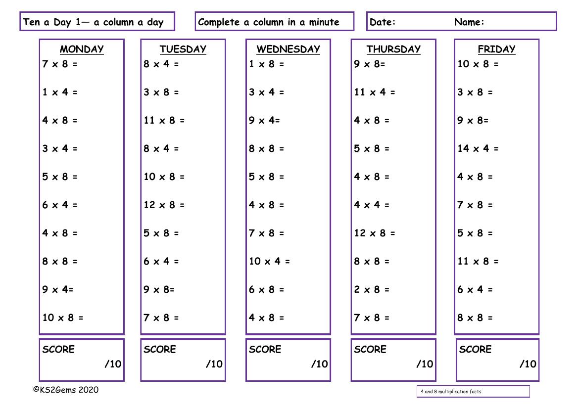 Ten a Day 4 and 8 Times Table