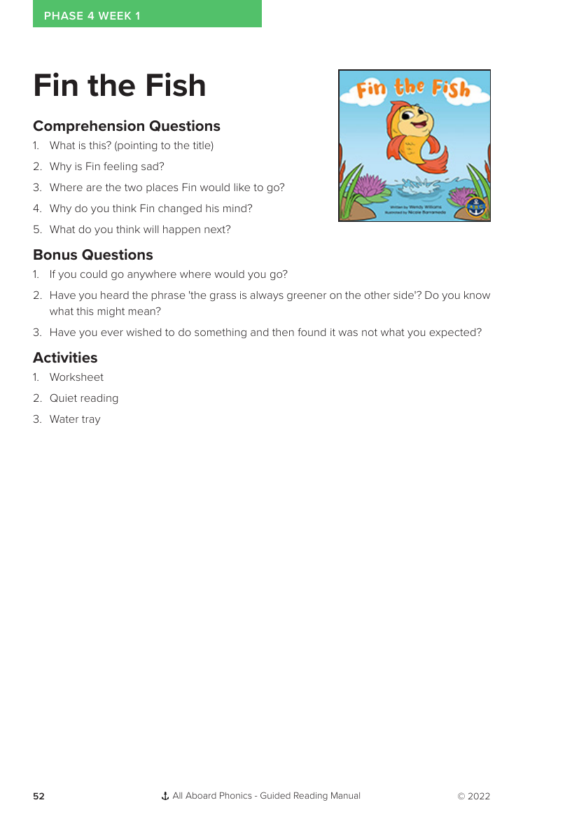 Week 1, Guided Reading "Fin the Fish" - Phonics Phase 4 - Worksheet