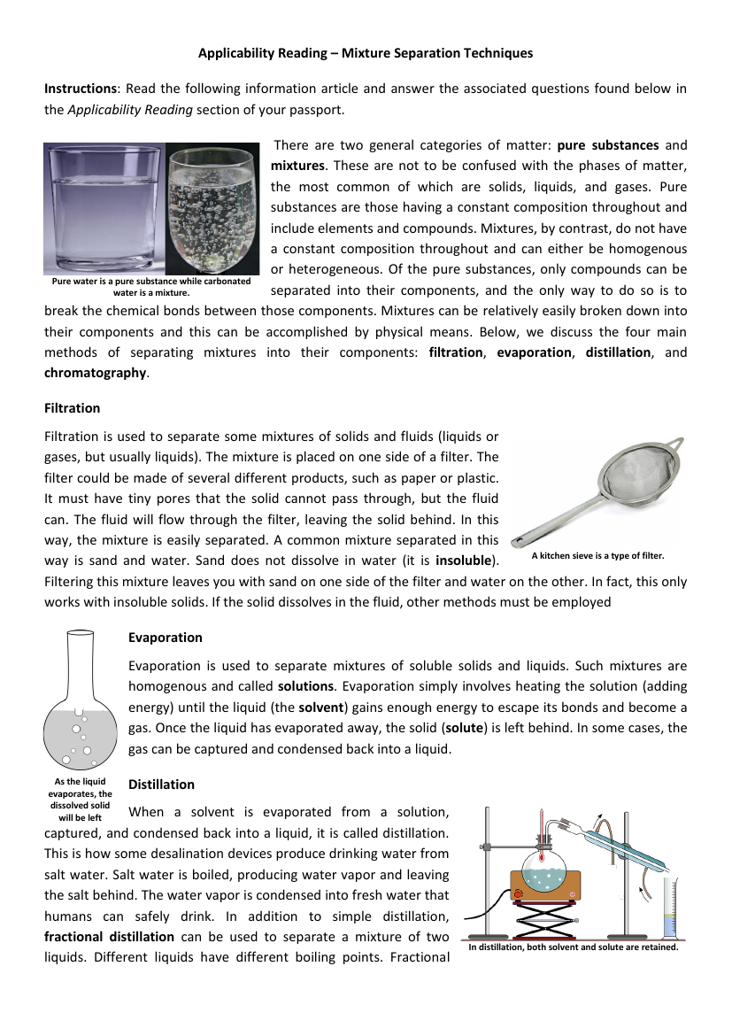 Pure Substances and Mixtures - Applicability Reading