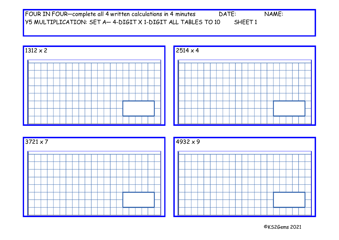 Four in Four Multiplication Set A 4 digit number x 1 digit number all tables to 10