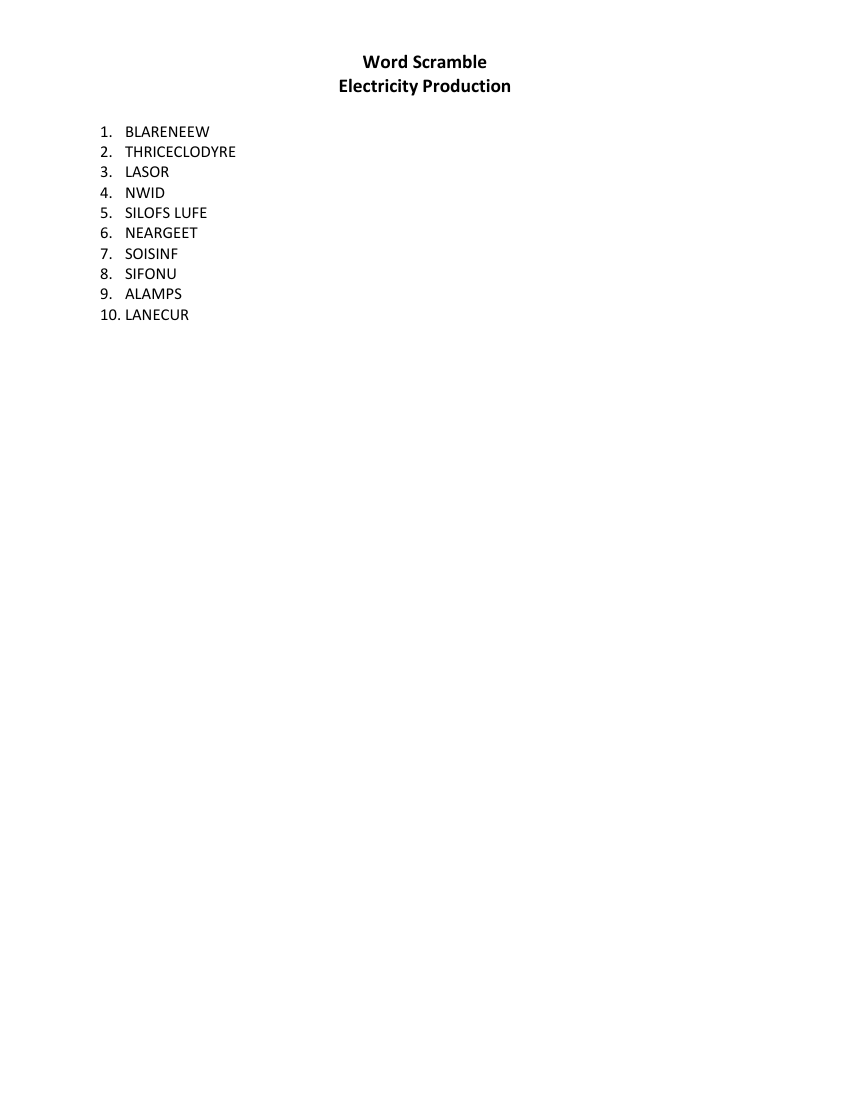 Electricity Production - Word Scramble