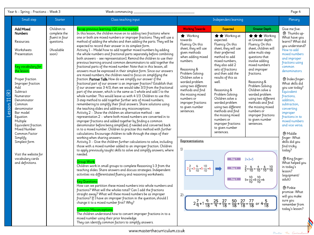 Fractions - Add Mixed Numbers - Planning