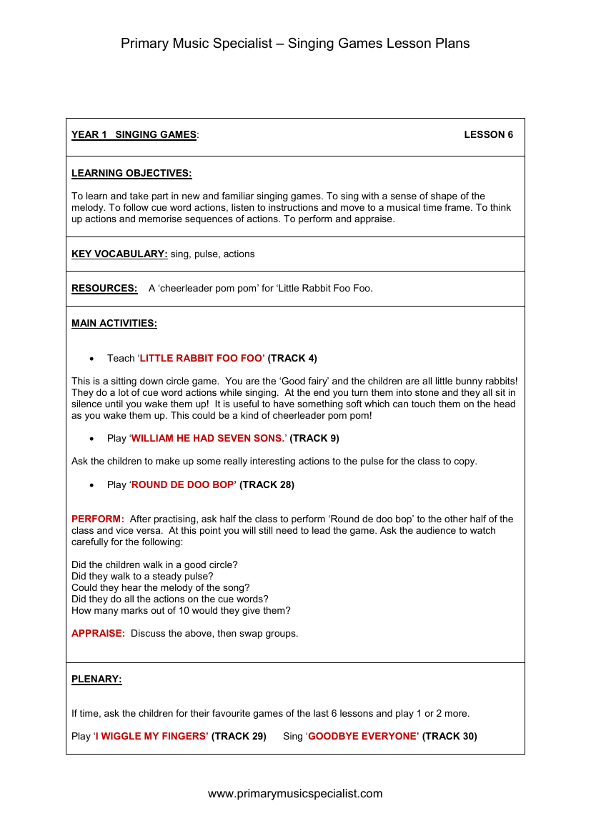 Singing Games Lesson Plan - Year 1 Lesson 6