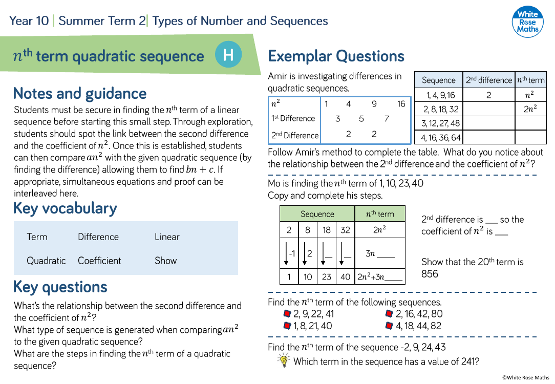 nth term of quadratic sequence gcse questions