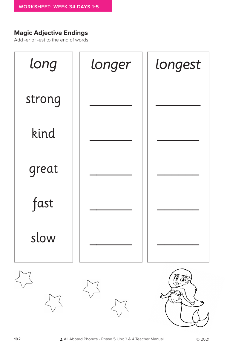 Week 34, lesson 1-5 Magic Adjective Endings activity - Phonics Phase 5, unit 4 - Worksheet