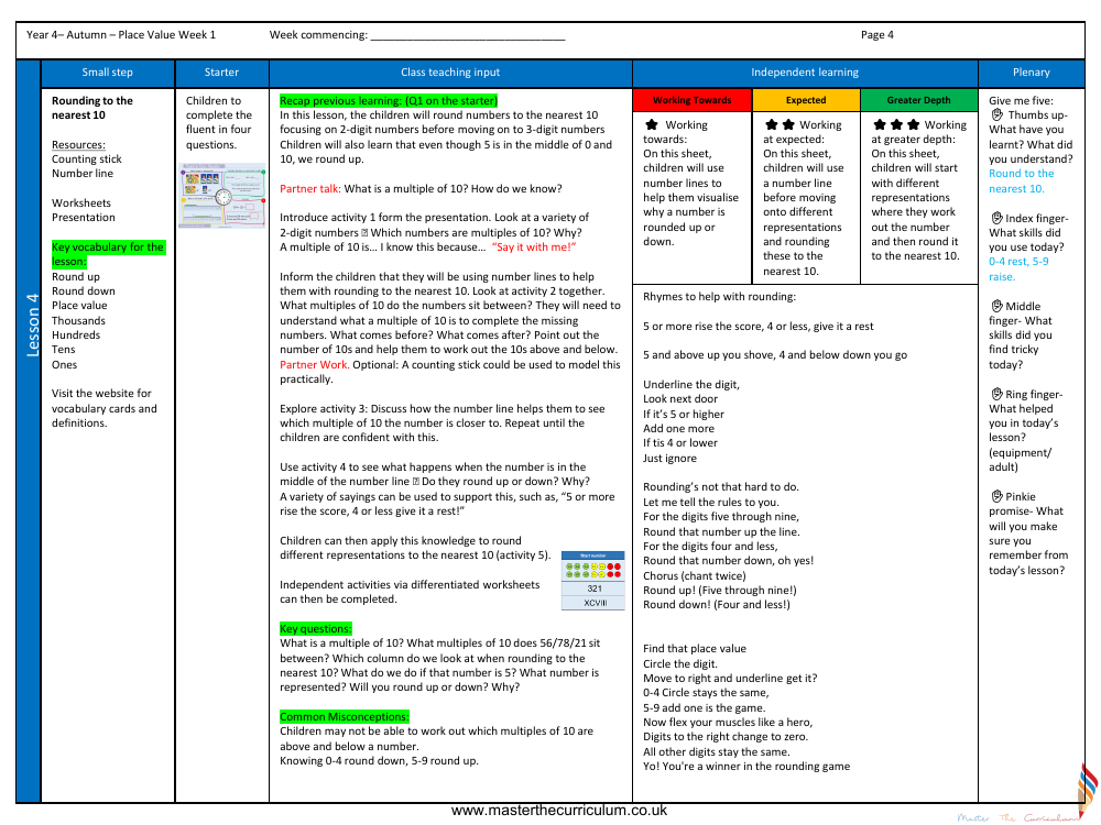 Place value - Rounding to the nearest 10 - Planning