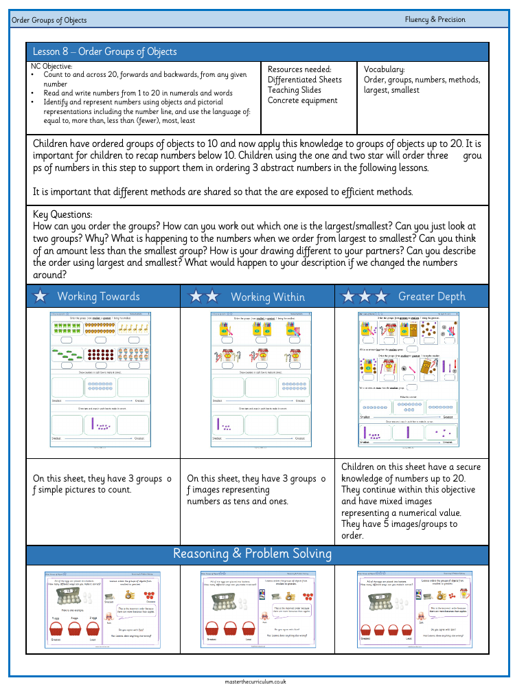 Place Value within 20 - Order groups of objects - Worksheet