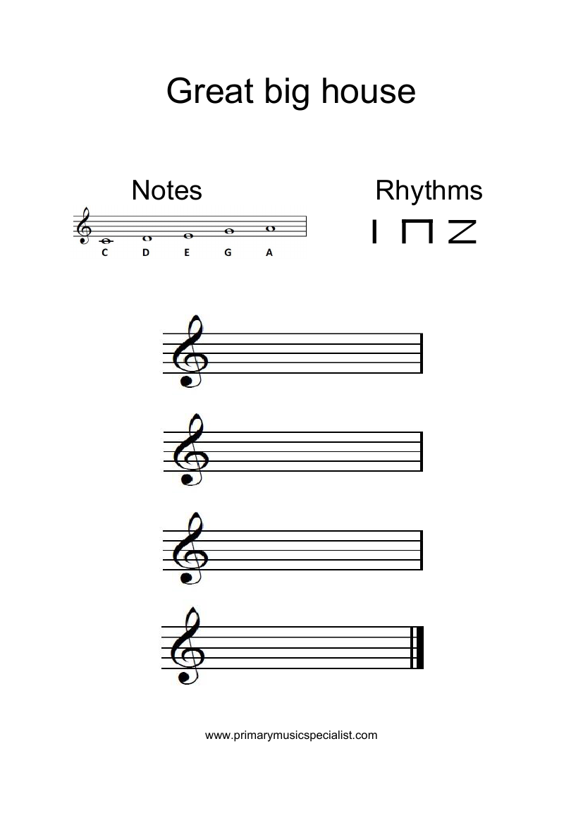 Instrumental Year 5 Stave Notation Sheets - Great big house worksheet note names