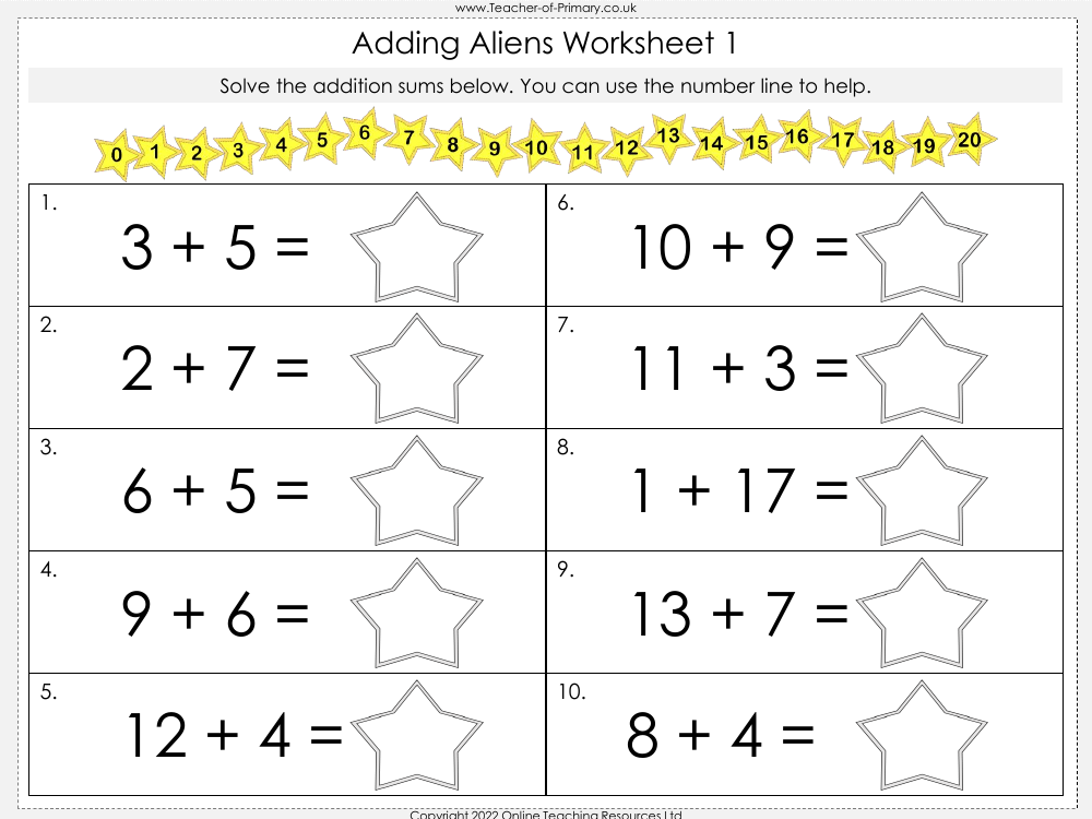 Adding Aliens - Adding Numbers to 20 - Worksheet