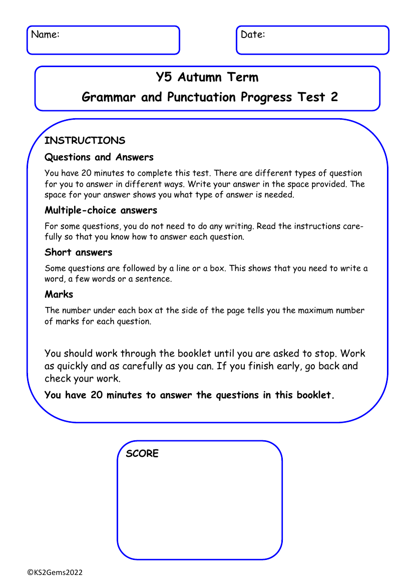 Autumn Term Grammar and Punctuation Progress Test 2