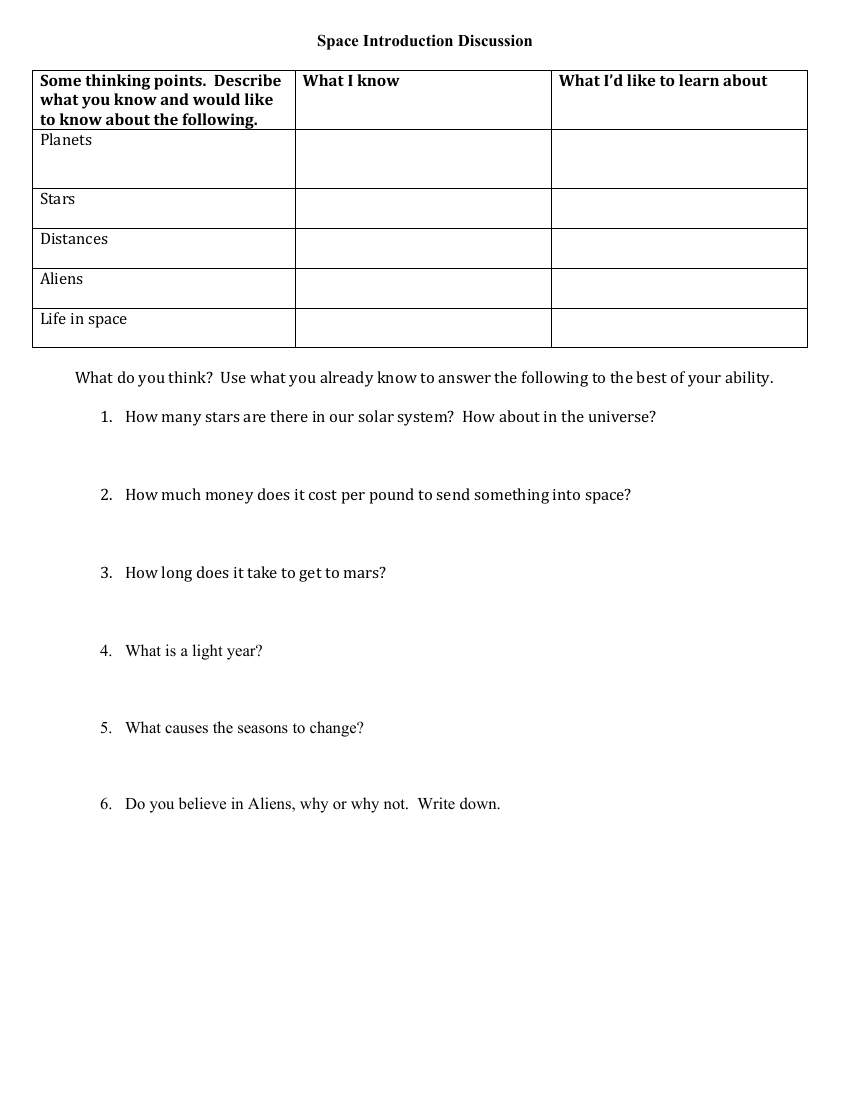 Space Introduction - Middle School Discussion Worksheet