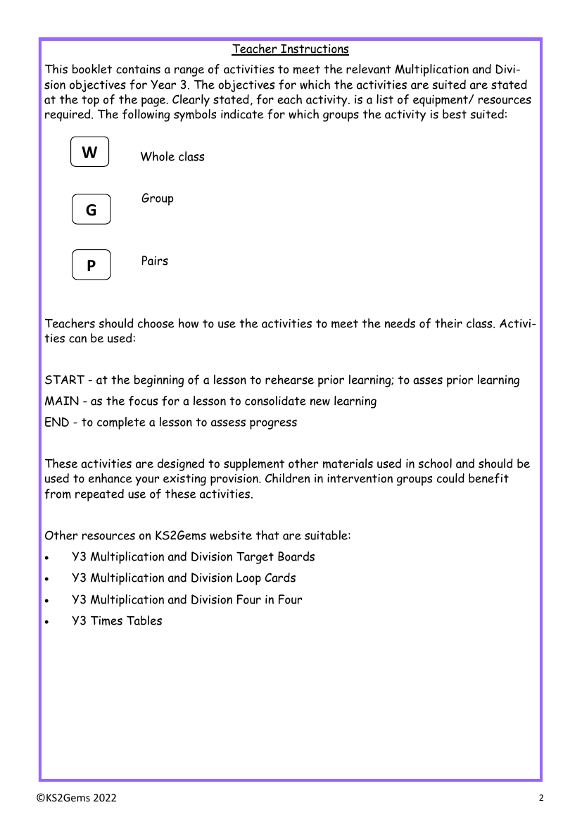 Multiplication and division teacher instructions