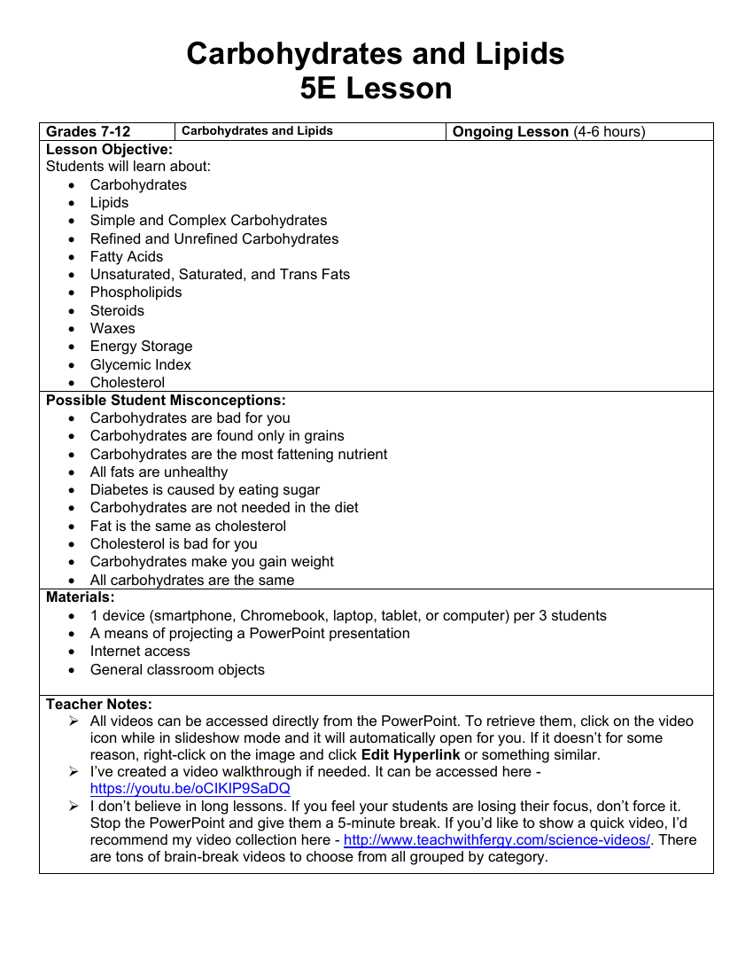 Carbohydrates and Lipids - Teaching Timeline