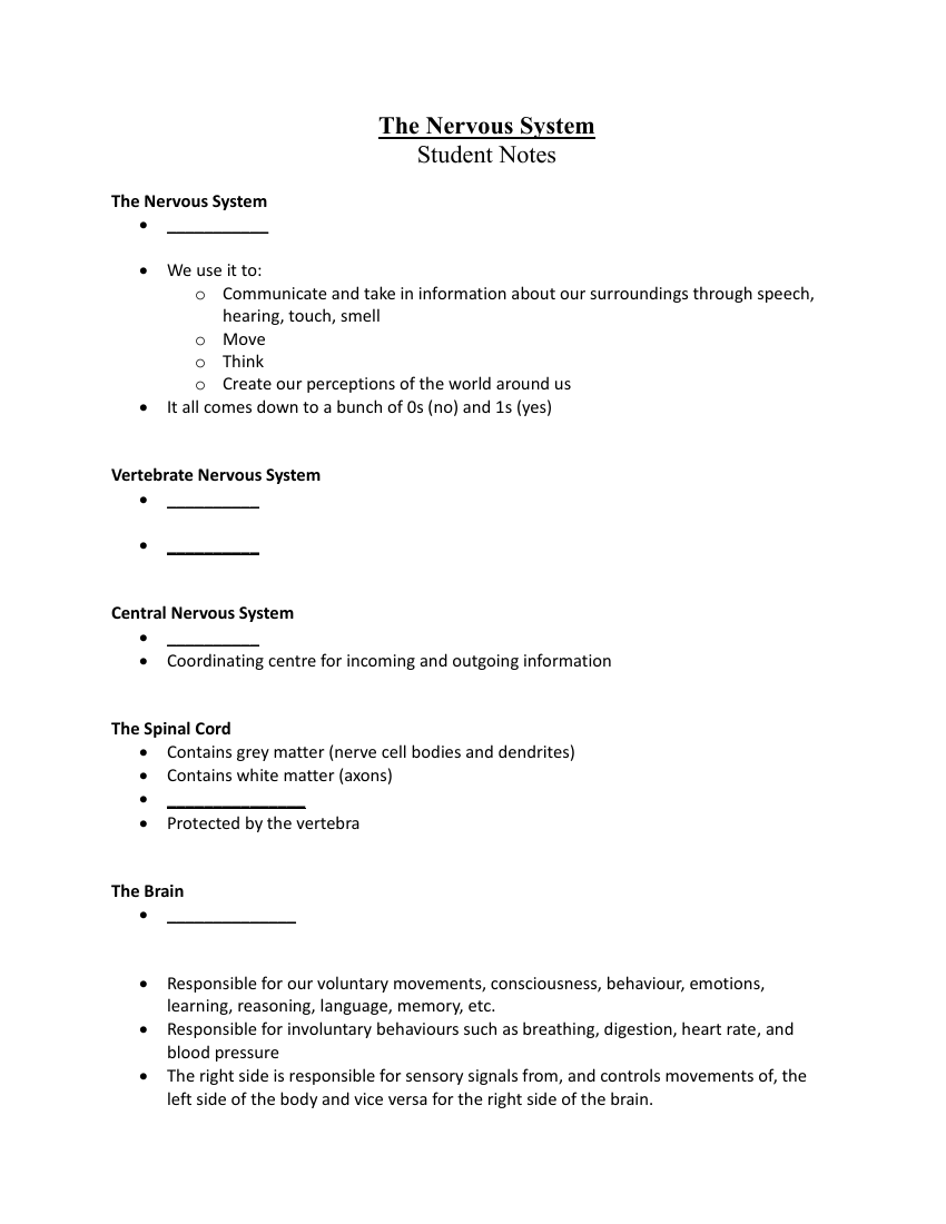 The Nervous System - Student Lesson Outline