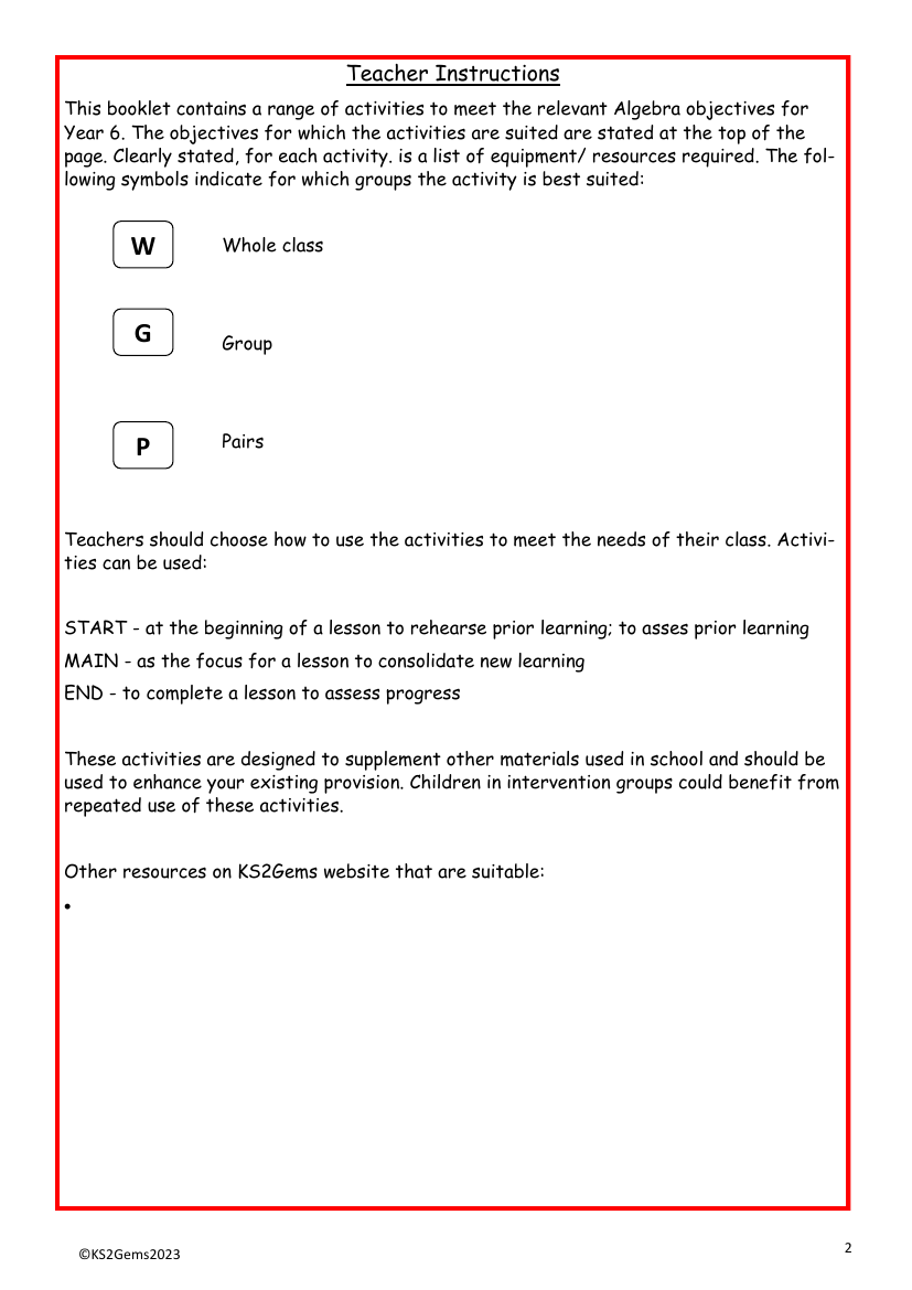 Algebra teacher instructions