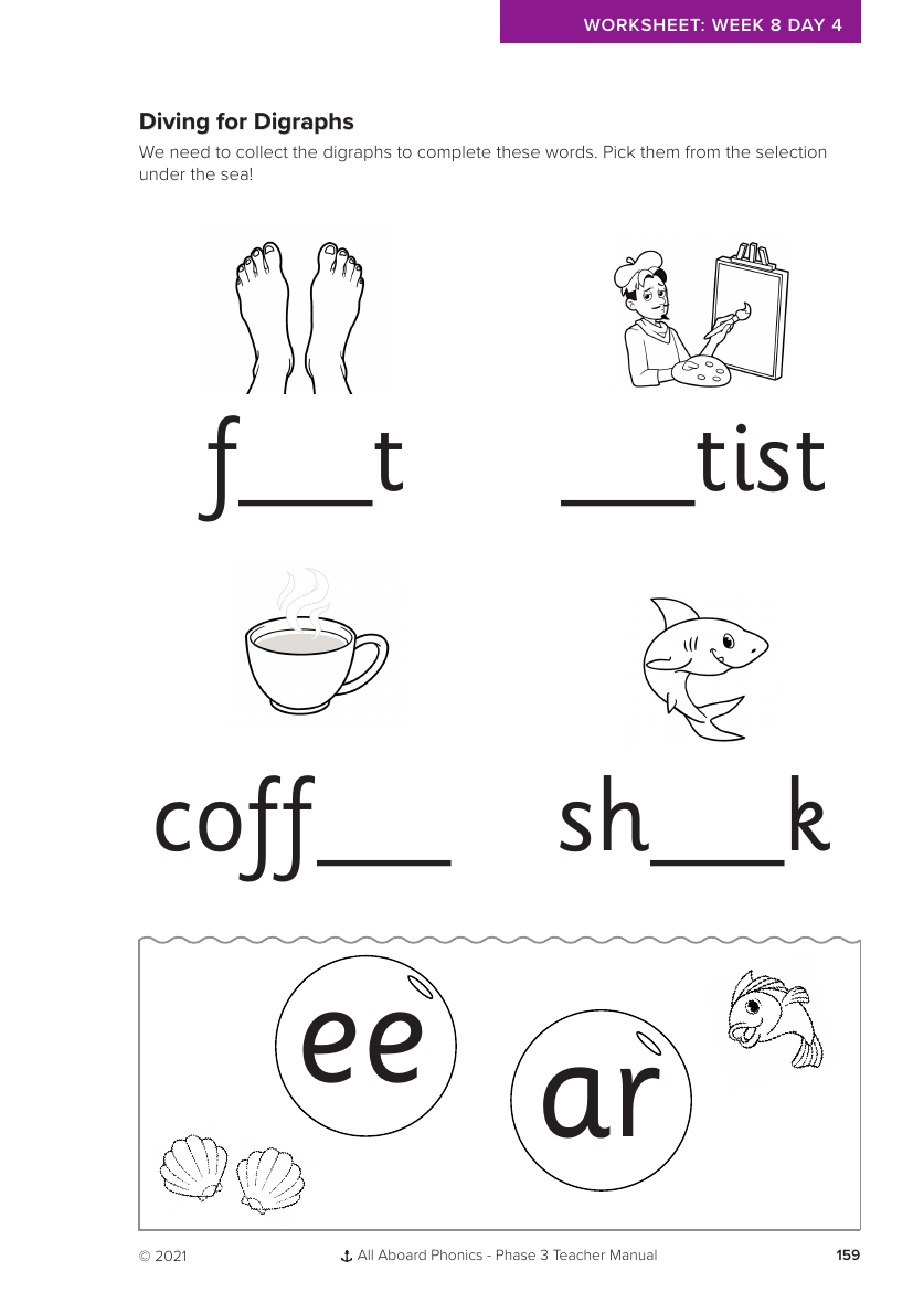 Week 8, lesson 4 Diving for Diagraphs writing activity - Phonics Phase 3,  - Worksheet