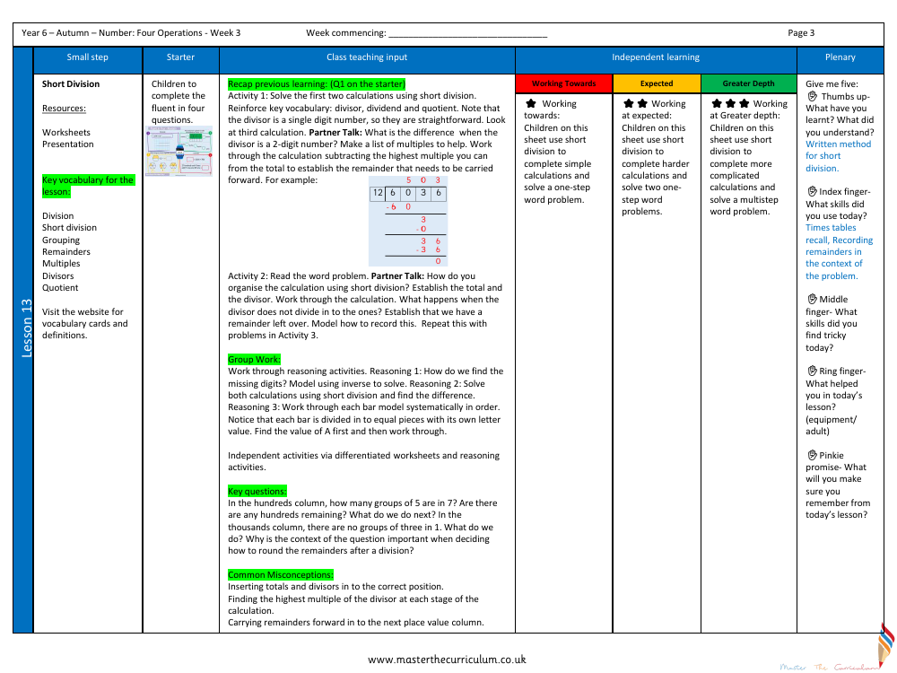 Addition, Subtraction, Multiplication and Division - Short Division - Planning