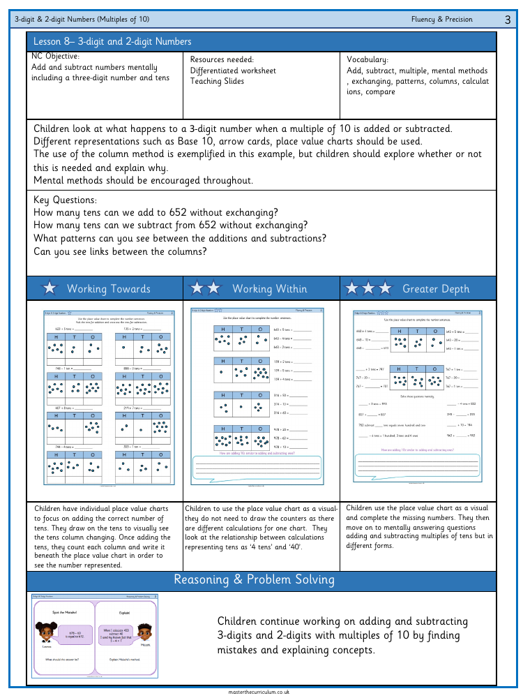 Addition and subtraction - Add and subtract three-digit and ​two-digit numbers not crossing 100 - Worksheet