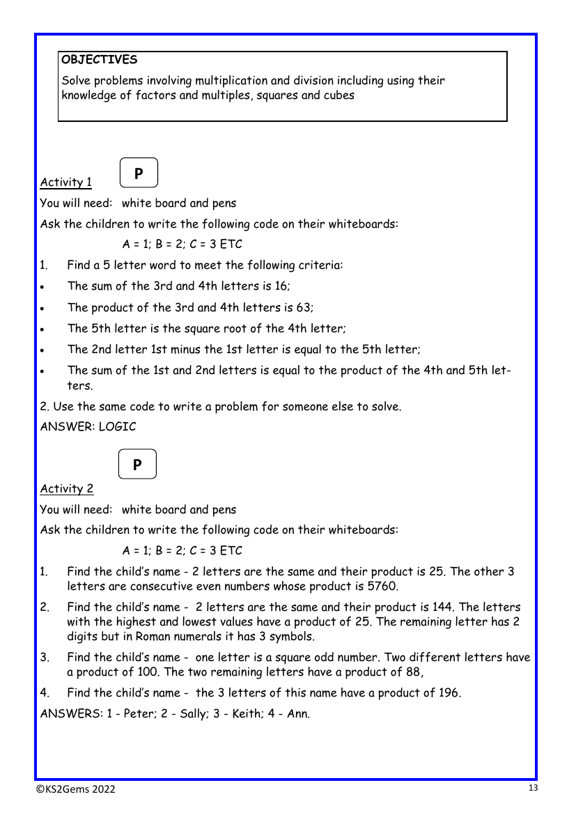 Solving problems with factors and multiples worksheet