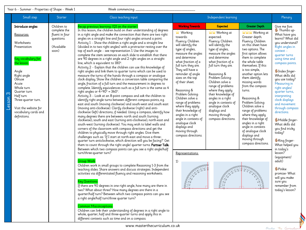 Properties of Shape - Introduce Angles - Planning