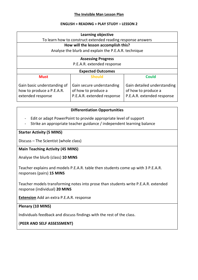 The Invisible Man - Lesson 2 - Lesson Plan