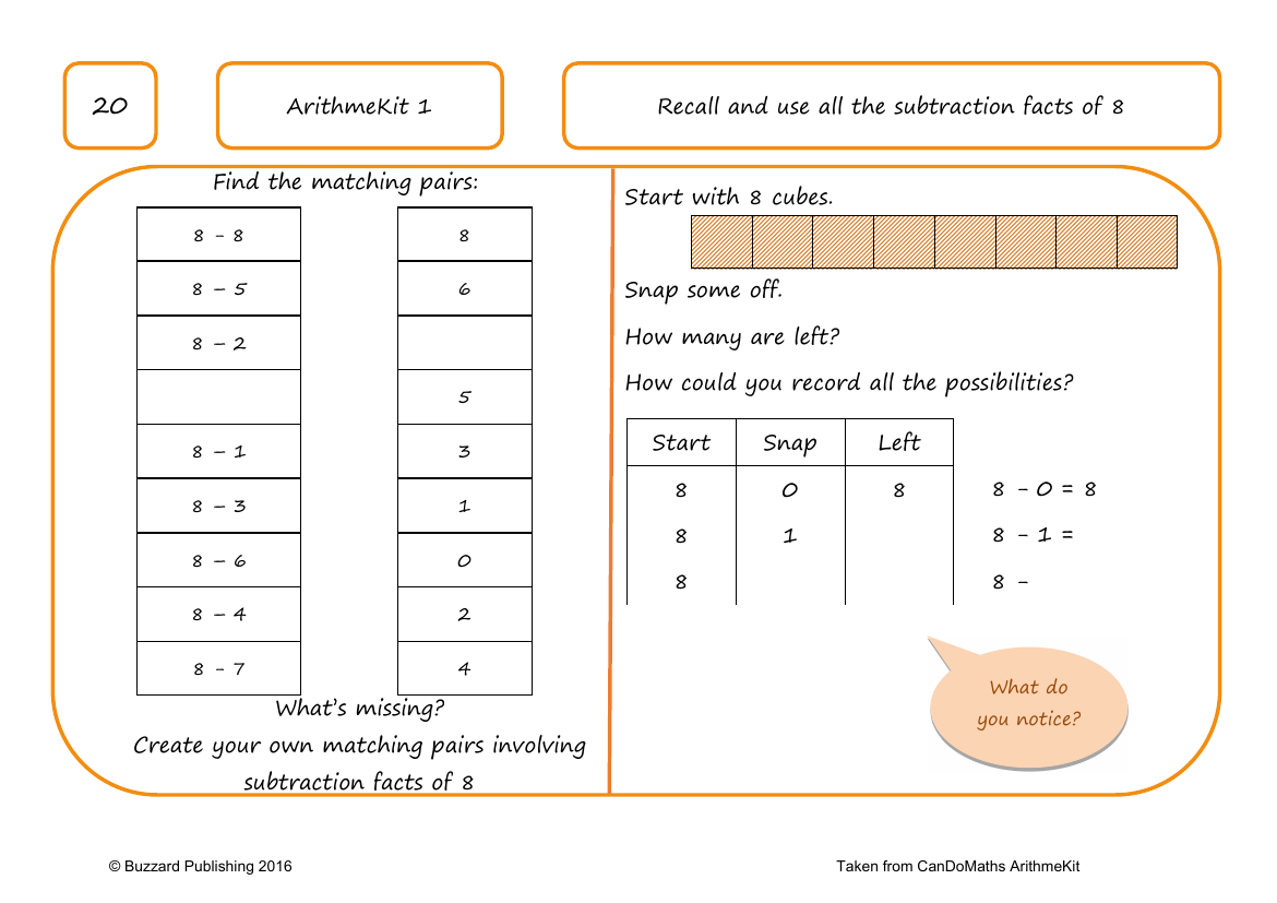 Recall and use all the subtraction facts of 8