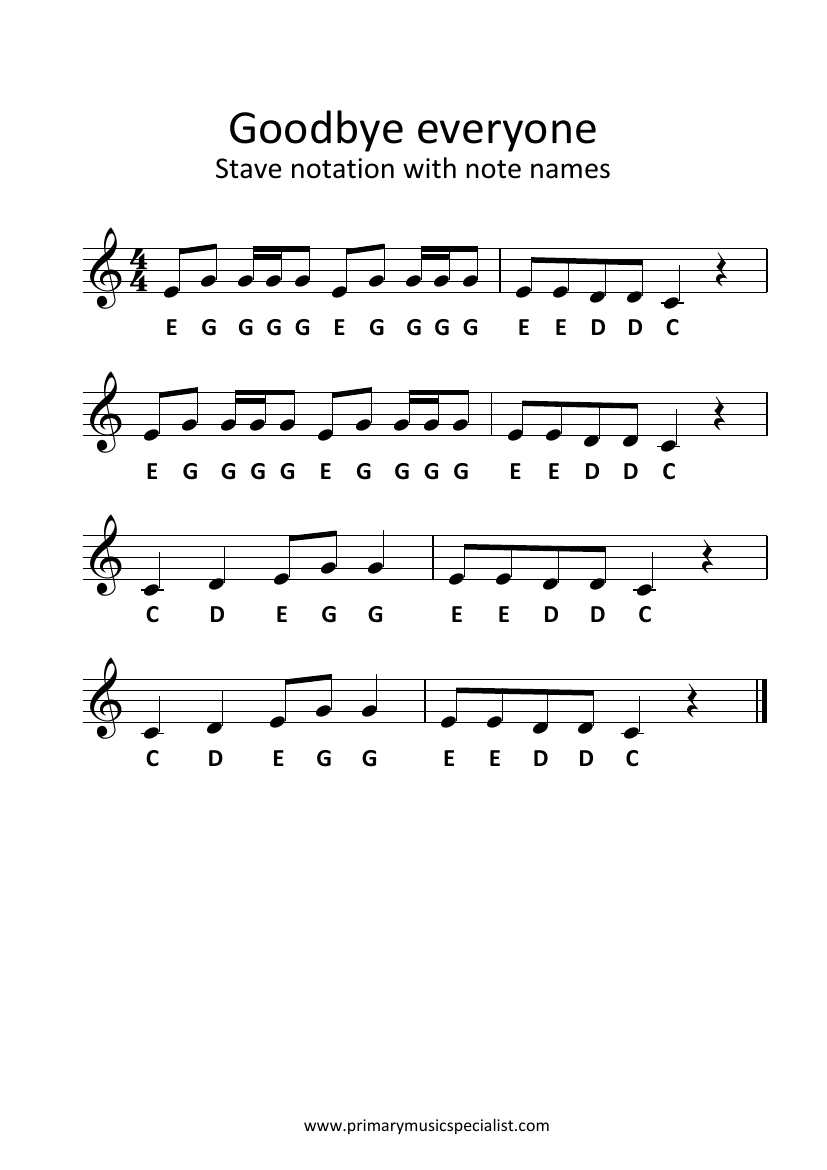 Pitch Year 6 - Goodbye everyone stave notation note names