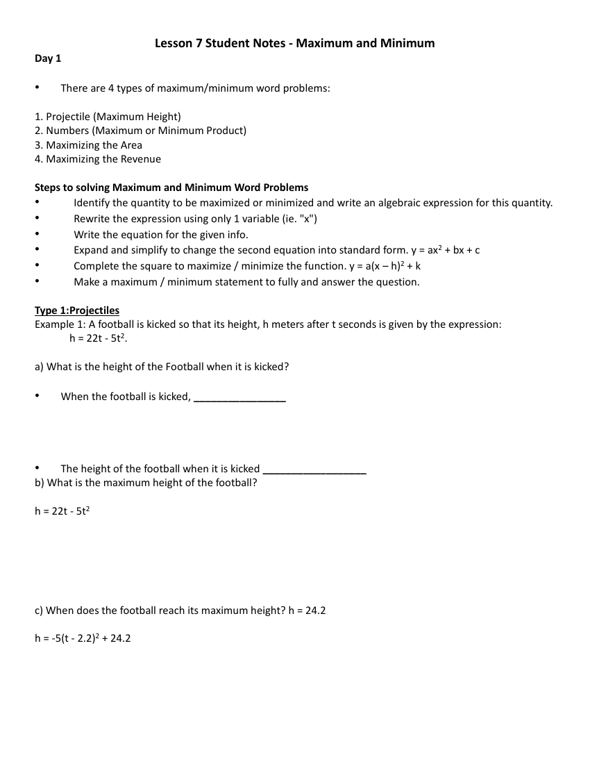 Quadratic Functions – Maximum and Minimum Word Problems Student Lesson Outline