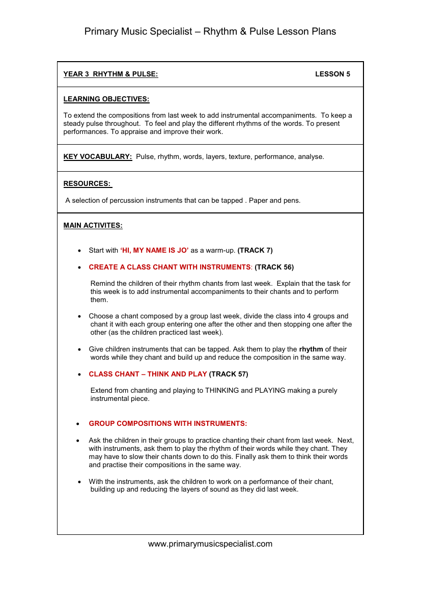 Rhythm and Pulse Lesson Plan - Year 3 Lesson 5