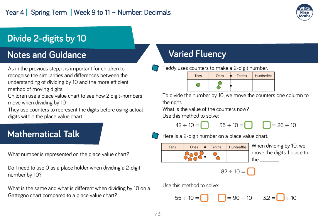 Divide 2-digits by 10: teaching Guide - Varied Fluency