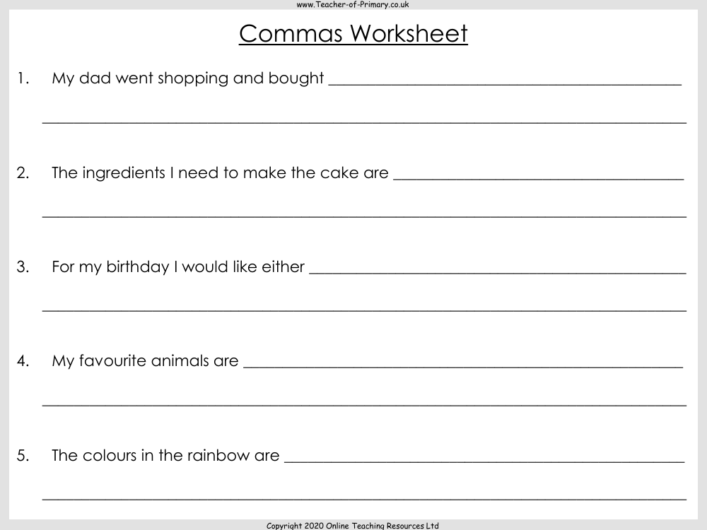 Commas for Lists - Worksheet