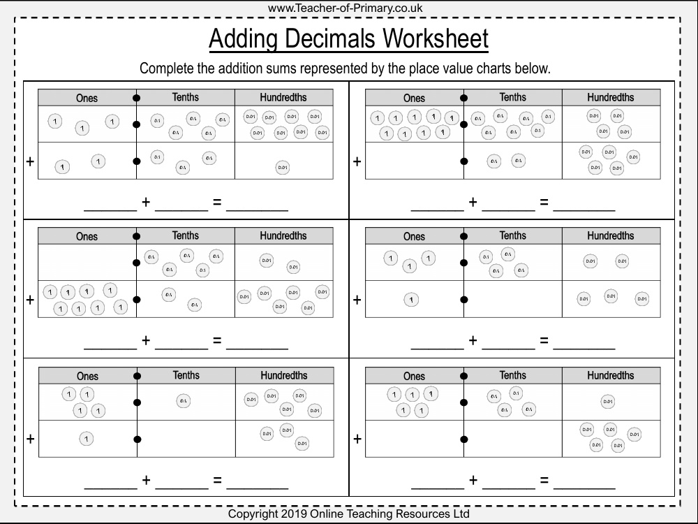 Adding Decimals (with the same number of decimal places) - Worksheet