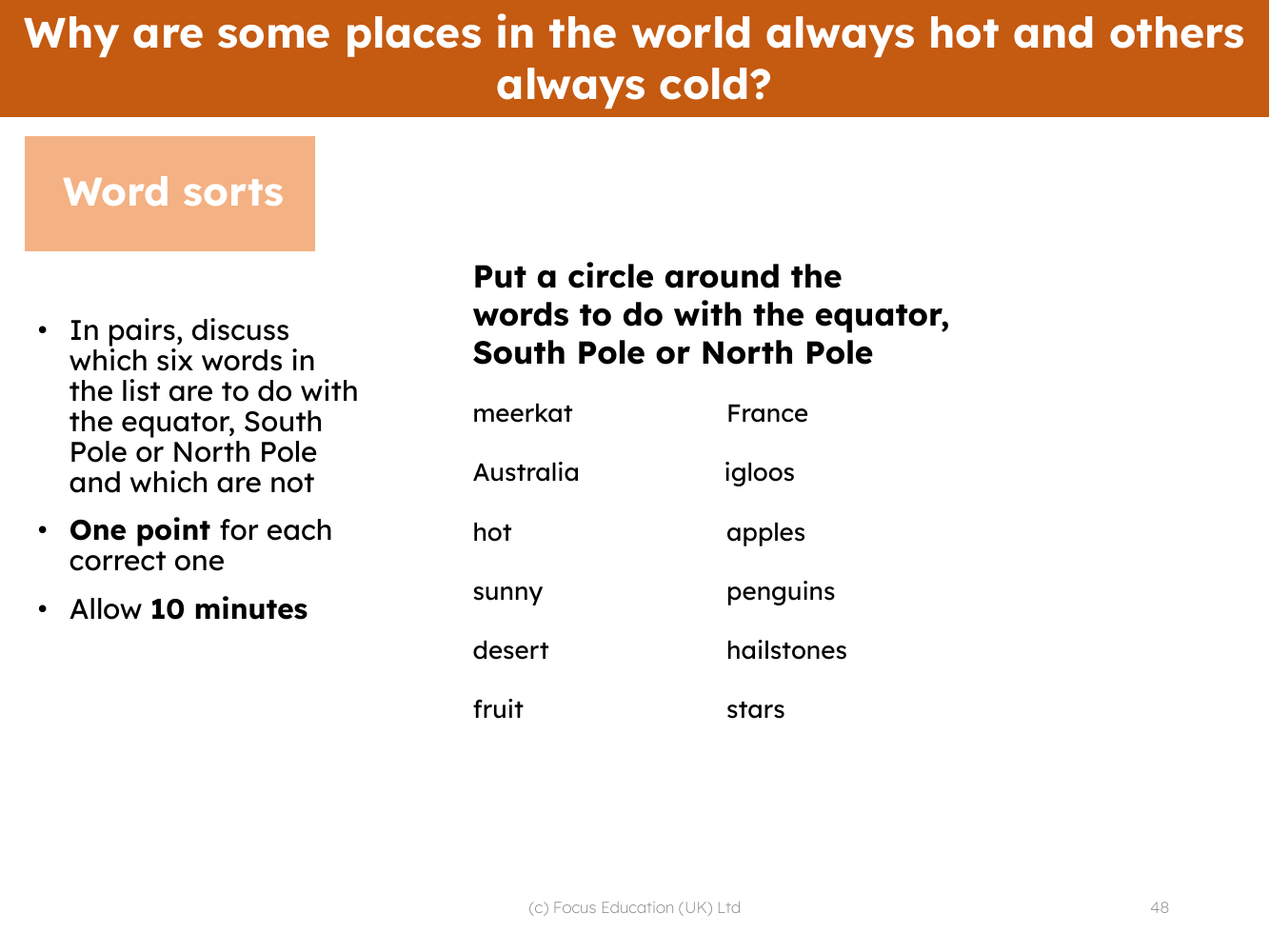 Word sorts - Equator, South Pole and North Pole