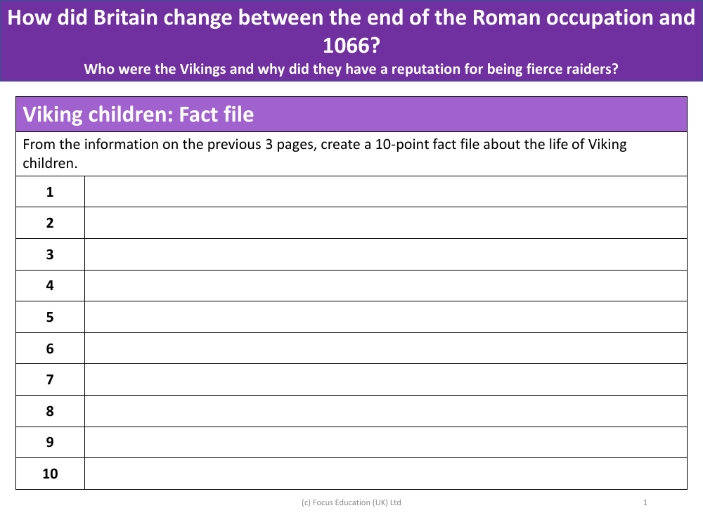 10 facts about Viking children - Worksheet